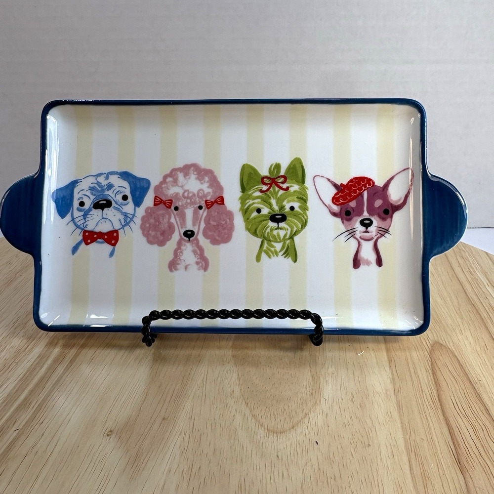 Hobby Lobby Ceramic Rectangular Serving Coin Trinket Tray Striped Dog Faces 8x4